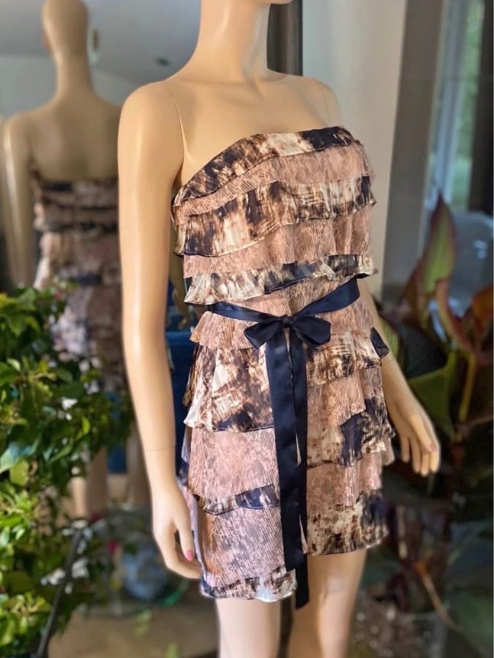 NWT: Aqua Lace Chiffon Printed Tiered Strapless Mini Pink Navy Evening Dress 4